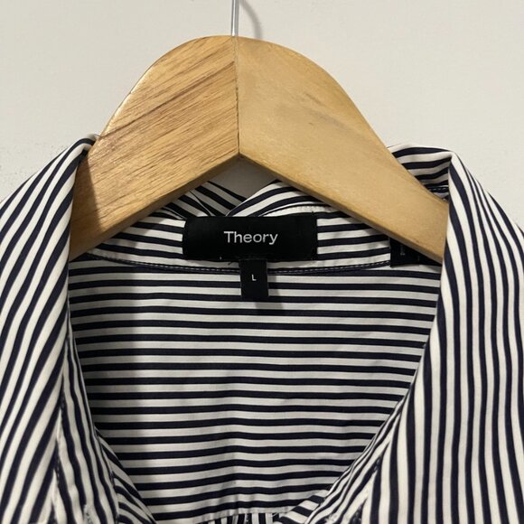 Theory Dark Blue & White Stripe Button Up Blouse Size Large - Picture 3 of 5